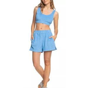 Roxy Threes Company Terry Shorts Blue Casual Surfer Girl Lounge Beach Pull-On XS